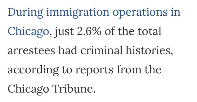 A second snippet from the article on nola.com says:

During immigration operations in Chicago, just 2.6% of the total arrestees had criminal histories, according to reports from the Chicago Tribune.
