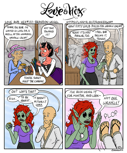 Page 137 from the comic Love and Hex. Full transcript at https://crookedgoat.ca/comic/137/#comic-page

Kayra sells beauty products, but has trouble with the ethical implications.