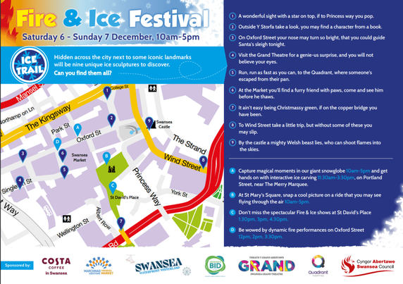 Fire & Ice Festival map showing Swansea city centre with ice sculpture clues, activity zones and event timings.