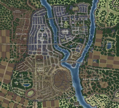 A map of the city of Volgstadt, built in Inkarnate. My favorite spot is Shitwater Watch - so named because the fecal runoff from High Hill and Five Coins has a tendency to pool and stagnate.where the Edda and the Volge come together.