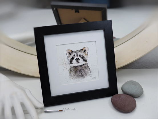 gerahmtes Original Waschbärportrait Außenmaß ca 18x18cm