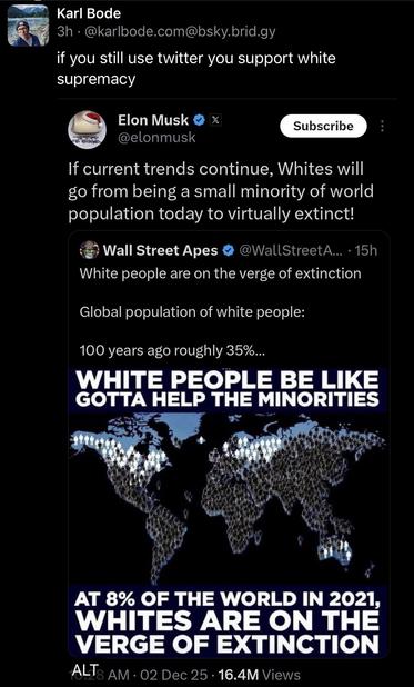 Karl Bode
3h. @karlbode.com@bsky.brid.gy
if you still use twitter you support white supremacy
Elon Musk O @elonmusk
Subscribe
If current trends continue, Whites will go from being a small minority of world population today to virtually extinct!
Wall Street Apes •
@WallStreetA... • 15h
White people are on the verge of extinction
Global population of white people:
100 years ago roughly 35%...
WHITE PEOPLE BE LIKE GOTTA HELP THE MINORITIES
:
AT 8% OF THE WORLD IN 2021, WHITES ARE ON THE VERGE OF EXTINCTION
ALTs AM - 02 Dec 25 - 16.4M Views🖖