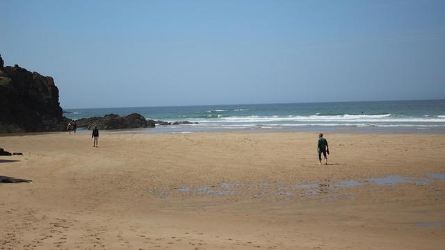 Strand mit "Wattwanderern". Links ein Felsen, der bis ans Meer reicht. Ein Streifen Meer und Wellen, darüber blauer Himmel.