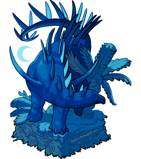 Digital cel-shaded art of a kentrosaurus, a stegosaur notable for two big spikes poking out of its shoulders. The kentrosaurus browses an ancient African jungle at night under the light of a crescent moon. It leans against a cycad while perched on an isometric, square chunk of forest earth with trailing roots. Everything is painted with stylized blue and teal tones. The moonlight catches briefly on the kentrosaurus’s spines. Watermark on the image: http://hmcgill.art