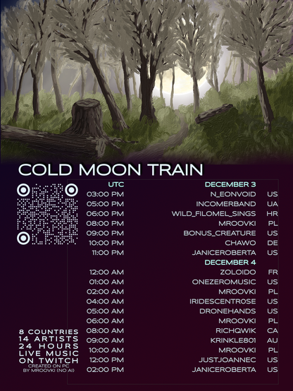 A snowy forest backlit with a large full moon. Below, the title Cold Moon Train, with times and a list of performers.