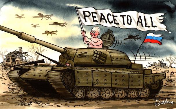 Kurze Bildbeschreibung (Deutsch):
Eine satirische Zeichnung zeigt einen Mann, der in einem russischen Panzer steht und eine zerfetzte Fahne mit der Aufschrift "Peace to All" schwenkt, während um ihn herum Drohnen fliegen und eine zerstörte Landschaft zu sehen ist. Das Bild kritisiert die Diskrepanz zwischen Kriegsrealität und propagiertem Friedensnarrativ.🖖