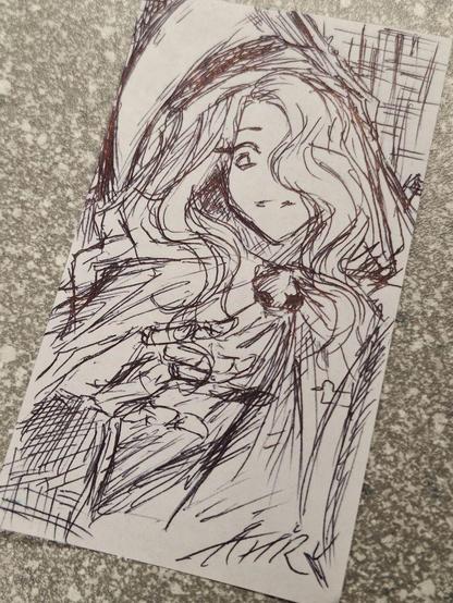 2024 traditional doodle of clara in ink done on receipt paper. she is looking down
