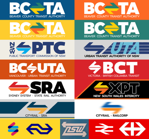 A colourful montage of all the transit authorities who borrowed the "Lazy Sevens" or "L7" logo from the  1975 design for the Public Transport Commission of New South Wales.