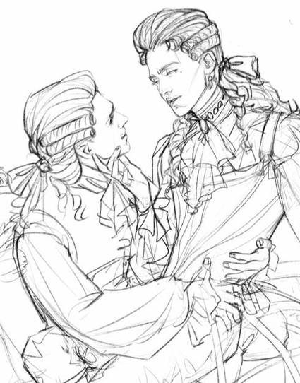 A sketch of two 18-th century men flirting. They both wear wigs, and frilled shirts. One of tthem wears a women's corset and stays above his  shirt and breeches as a part of  playful gender bending.