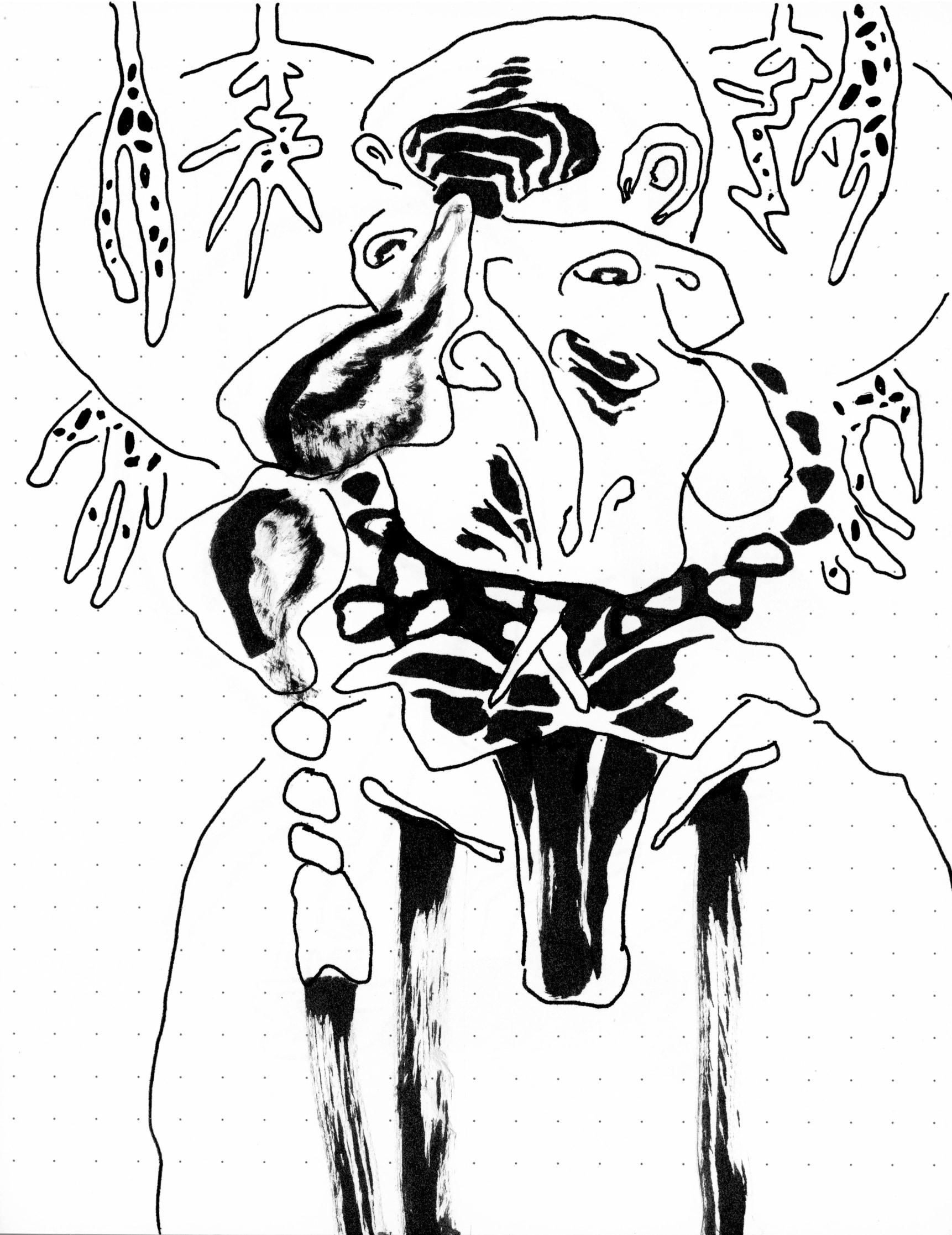 Ink drawing of a churchill schnoz melting into a fragmented brain dome pierced by freckled tentacles adorning a chonk tower of a medieval sweatshirt
