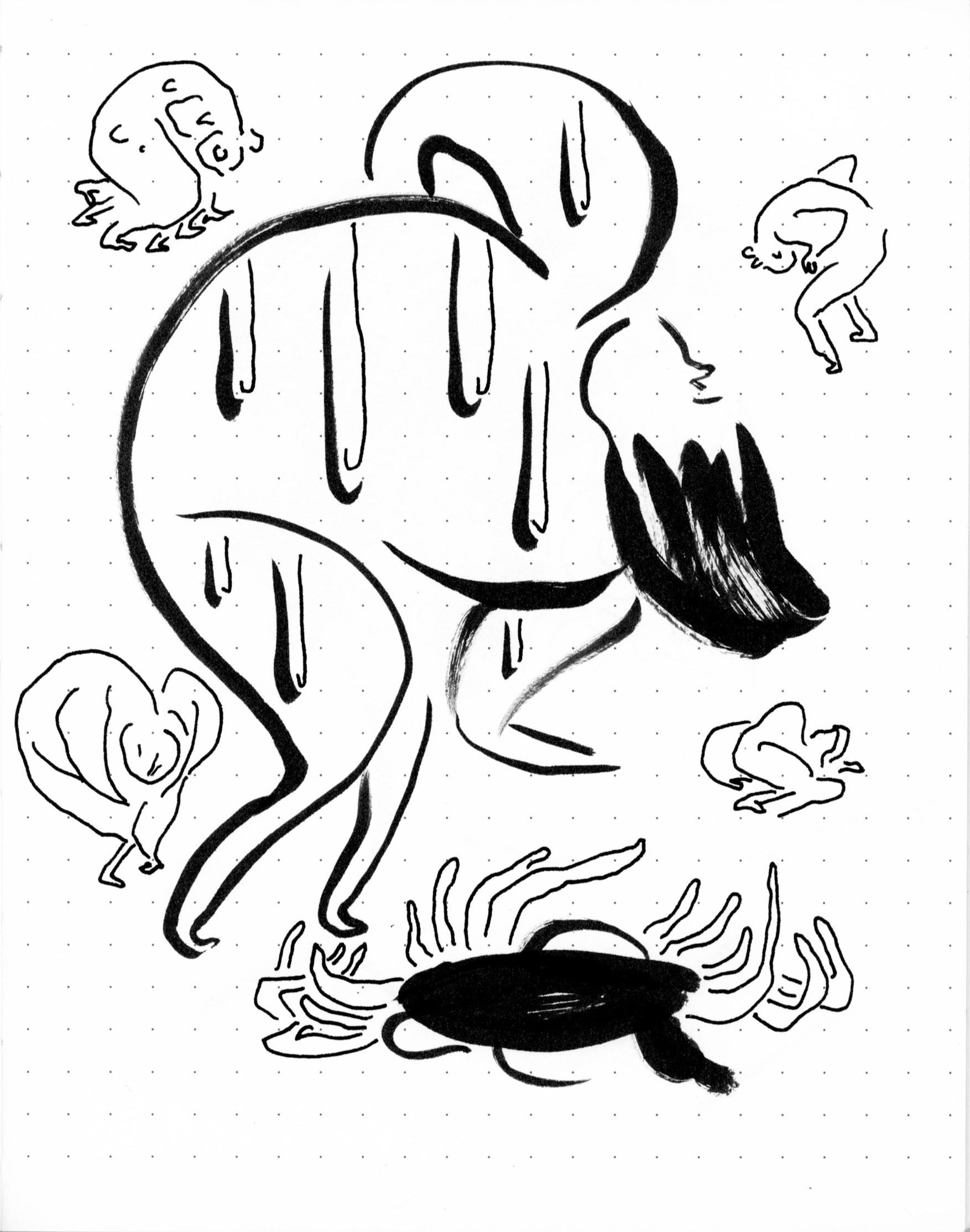 ink drawing of the memory of staring at an eleanor davis print with sweaty bearded burly men straining and dancing