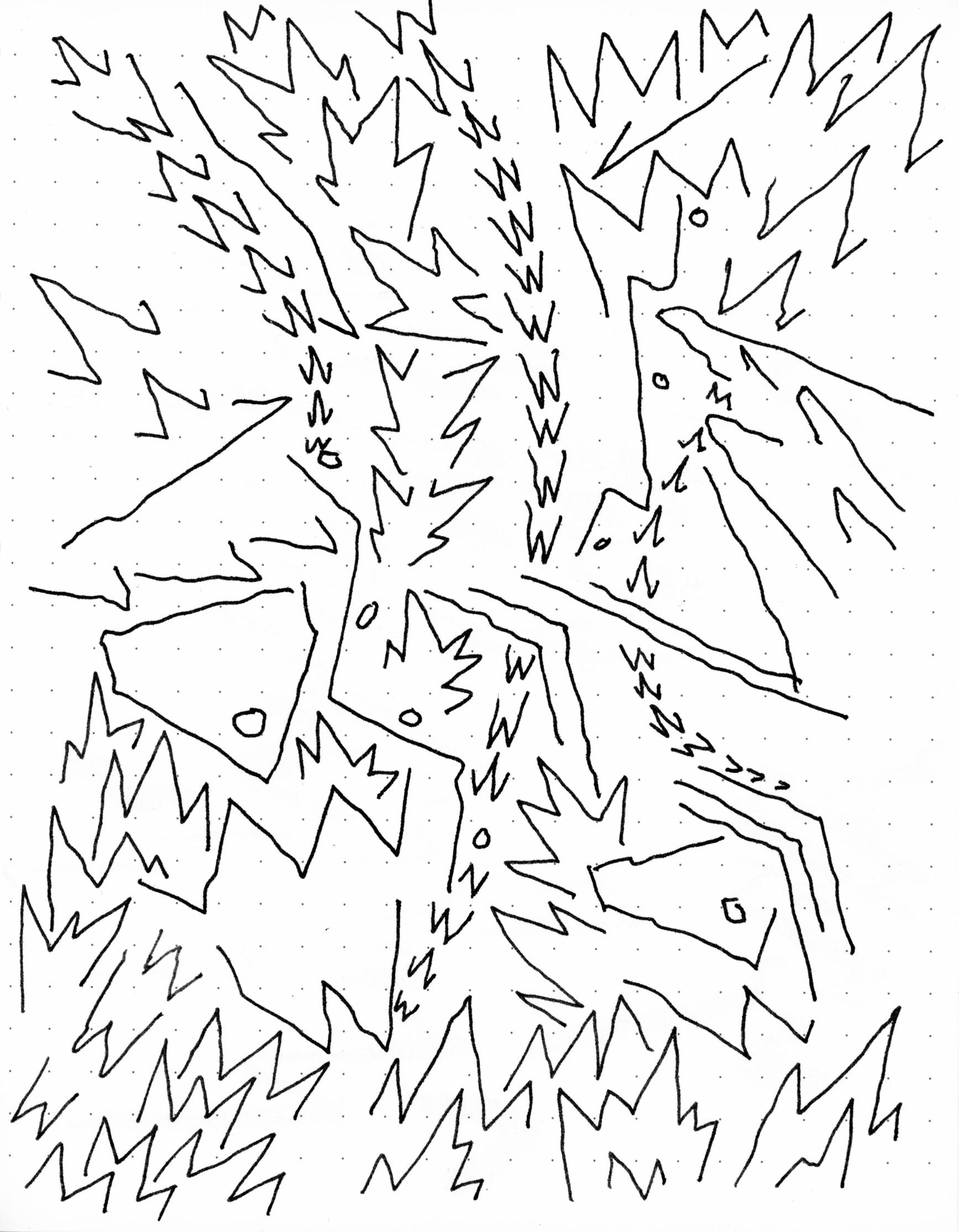 ink drawing of a prismatic jagged emotional implosion of linework that would make a sublime captcha challenge to click on the the part that makes sense