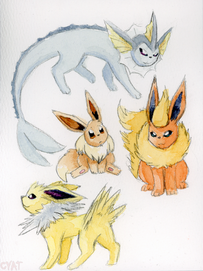 Watercolour and pencil sketches of Eevee and their evolved forms from Pokemon