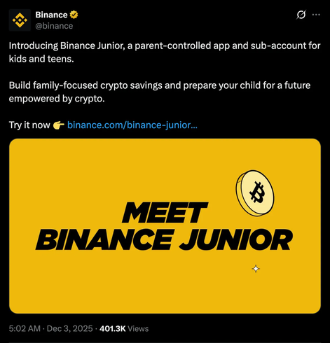 screenshot of linked tweet about Binance Junior