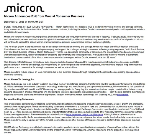 Micron document saying they quit consumer market