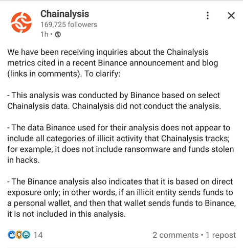 Chainalysis 
169,725 followers

We have been receiving inquiries about the Chainalysis
metrics cited in a recent Binance announcement and blog
(links in comments). To clarify:
- This analysis was conducted by Binance based on select
Chainalysis data. Chainalysis did not conduct the analysis.
- The data Binance used for their analysis does not appear to
include all categories of illicit activity that Chainalysis tracks;
for example, it does not include ransomware and funds stolen
in hacks.
- The Binance analysis also indicates that it is based on direct
exposure only; in other words, if an illicit entity sends funds to
a personal wallet, and then that wallet sends funds to Binance,
it is not included in this analysis.
STO 14 2 comments * 1 repost
