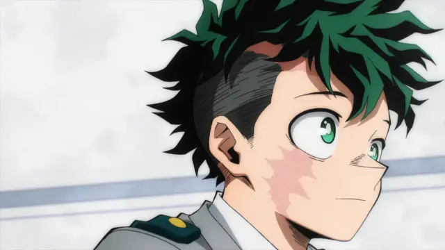 Deku in school uniform with a new haircut because of his injuries