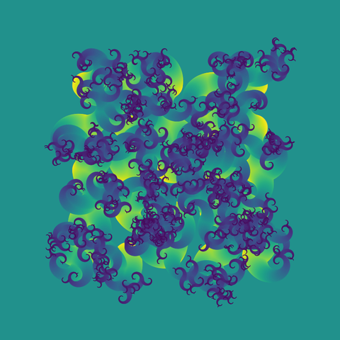 Another experiment with swirling particles getting smaller as the leave a trail from yellow to blue