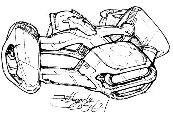 Black and white line art sketch of an imaginative sci fi spaceship. Each one is very different. This multi winged, vertical finned construction is really difficult to describe, but perhaps looks like a roundrect-ed simian head? Sorry...