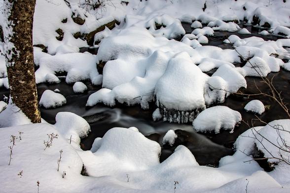 A winter scene by a stream. The moving water is smooth and cuts through snow topped rocks in the stream.