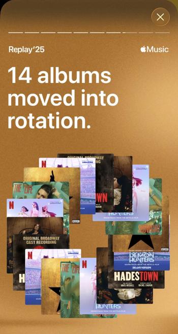 A screenshot from my Apple Music year in review that reads “14 albums moved into rotation” but it’s just a circle with Hadestown, Hamilton, KPop Demon Hunters, Everybody Scream, and Life of a Showgirl repeated multiple times.