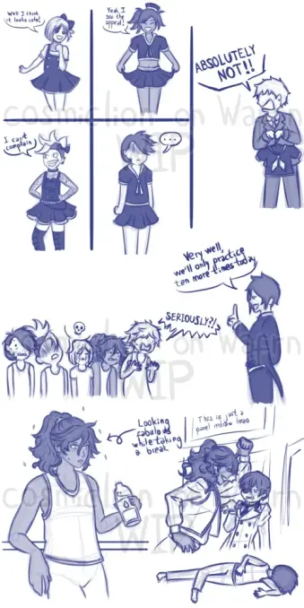 Set of five sketches in blue tones of Edward Midford, Cheslock, Soma Asman Kadar, Clayton, Joanne Harcourt, Sebastian Michaelis and Our Ciel Phantomhive from Black Butler. The first sketch is a five-panel piece: in the first panel Joanne is trying on a dress and bow on his head, spinning around while saying "Well I think it looks cute!"; in the second panel Soma is trying on a sailor suit with a short skirt and tiny hat while saying "Yeah I see the appeal!"; in the third panel Cheslock is trying on a dress with fishnet sleeves decorated with chains while saying "I can't complain!"; in the fourth panel Clayton is trying on a sailor-style dress but he is silent and his face is overshadowed; in the fifth panel Edward is holding a sailor-style shirt while yelling "Absolutely not!" at someone out of frame. In the second sketch, Clayton, Cheslock, Joanne, Soma and Edward are standing next to each other, all wearing white muscle shirts and looking exhausted, while Sebastian says "Very well, we'll only practice ten more times today!" Edward is yelling "SERIOUSLY?!" In the third sketch Soma is wearing white sweatpants and a white muscle t-shirt, leaning back against a barre and holding a water bottle. There are tiny sparkles around him and an arrow pointing at him that says "Looking fabulous while taking a break". In the fourth sketch Soma is leaning over Ciel while resting his left hand on the wall. Ciel is gesturing with his right hand with an expression of second hand embarrasment 