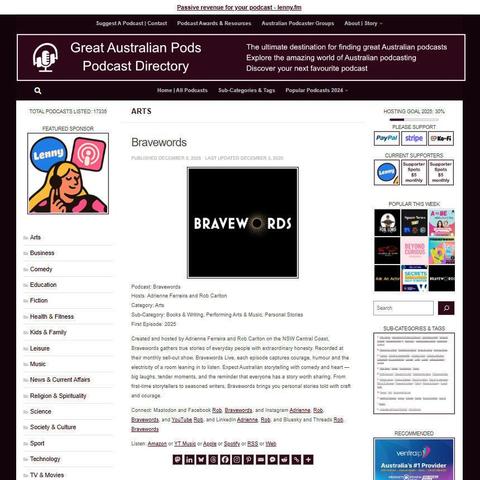 Bravewords
Screenshot of the podcast listing on the Great Australian Pods website
