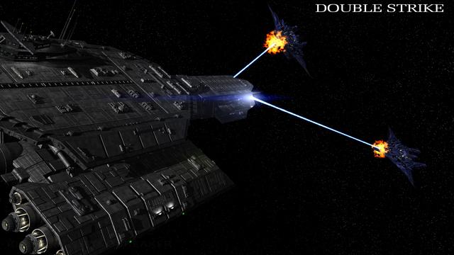 A bc304 from Stargate shooting two wraith cruisers, on off the left, one off the right, with asgard beam weapons