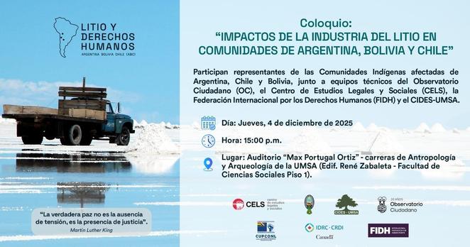Información sobre el coloquio "Impactos de la Industria del Litio en Comunidades de Argentina, Bolivia y Chile" del 4 de diciembre en La Paz.