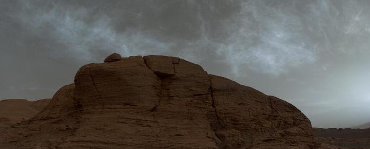 A photograph of carbon dioxide clouds over Mont Mercou on Mars taken by the Curiosity rover on 19 March 2021.