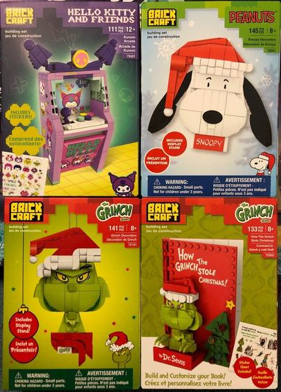 BRICK CRAFT sets - box fronts
- 72121 Grinch Decoration
- 72341 Snoopy Decoration
- 72353 How the Grinch Stole Christmas
- 72421 Kuromi Arcade