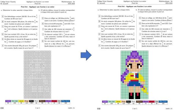 Fiche d'exercices sur les fractions avec un pixel art sur le thème Kpop Demon Hunter