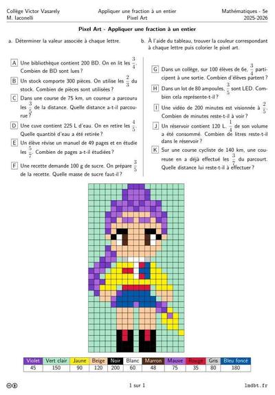 Fiche d'exercices sur les fractions avec un pixel art sur le thème Kpop Demon Hunter
