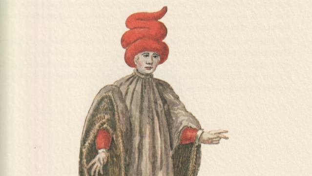Watercolour of a man, dressed in a very loose robe of brownish fabric, with sleeves so wide they are attached at the shoulders to avoid them touching the floor. He also wears a large red hat, which at best is shaped like a soft-ice cream, spiralled, with a pointed top.
