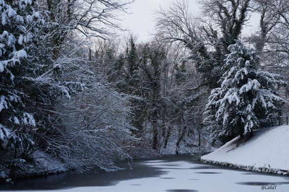 Ein zugefrorener langgestreckter Teich, die Eisschicht ist von dünnem Schnee bedeckt. Links und rechts türmen sich hohe schneebedeckte Bäume am Ufer auf.