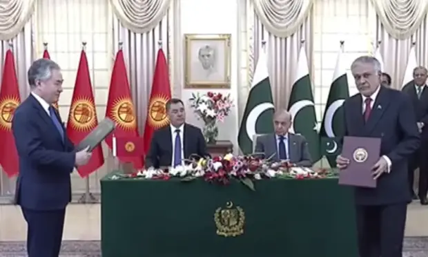 <p>Pakistan and Kyrgyzstan signed 15 memoranda of understanding (MoUs) in various fields, including commerce, energy and health, to boost bilateral cooperation between the two nations.</p>
<p>The exchange of MoUs took place in Islamabad, with Prime Minister Shehbaz Sharif and Kyrgyzstan President Sadyr Zhaparov witnessing the signing ceremony.</p>
<p>Zhaparov <a href="https://www.dawn.com/news/1958979">arrived</a> in Islamabad yesterday on a two-day maiden visit to Pakistan. Prime Minister Shehbaz Sharif said in a <a class="link--external" href="https://x.com/CMShehbaz/status/1996276923258048626" rel="noopener noreferrer" target="_blank">post </a>on X that the visit was the first by a Kyrgyz president in 20 years.</p>
<p>Following the signing of the MoUs, PM Shehbaz and Zhaparov also signed a joint statement on the strengthening of “comprehensive cooperation” in the interest of both countries.</p>
    <figure class="media  w-full  w-full  media--left  media--embed  ">
        <div class="media__item  media__item--youtube  "></div>
        
    </figure>
<p>Speaking on the occasion, PM Shehbaz termed Islamabad as the Kyrgyz president’s “second home”. “There cannot be a better moment of joy and bliss for all of us.”</p>
<p>Noting that a Kyrgyz president was visiting Pakistan after a period of 20 years, the premier said that “this gap between two brotherly countries is not acceptable”. “As I said, it’s never too late,” he added, extending the visiting dignitary a warm welcome.</
