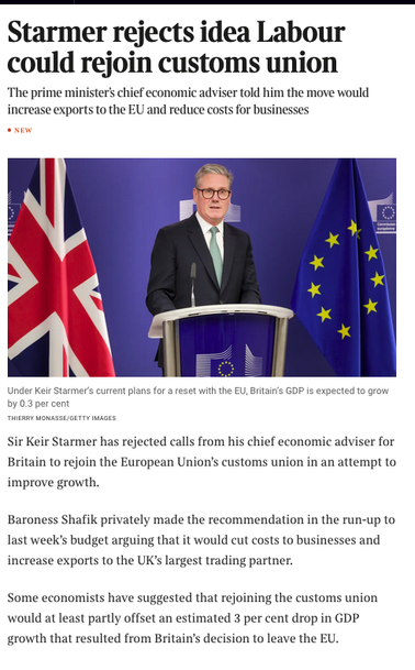From the article, a photograph of Starmer behind a podium with a Union and and EU flag on wither side, Text reads


Starmer rejects idea Labour could rejoin customs union
The prime minister’s chief economic adviser told him the move would increase exports to the EU and reduce costs for businesses

Sir Keir Starmer has rejected calls from his chief economic adviser for Britain to rejoin the European Union’s customs union in an attempt to improve growth.
Baroness Shafik privately made the recommendation in the run-up to last week’s budget arguing that it would cut costs to businesses and increase exports to the UK’s largest trading partner.
Some economists have suggested that rejoining the customs union would at least partly offset an estimated 3 per cent drop in GDP growth that resulted from Britain’s decision to leave the EU.