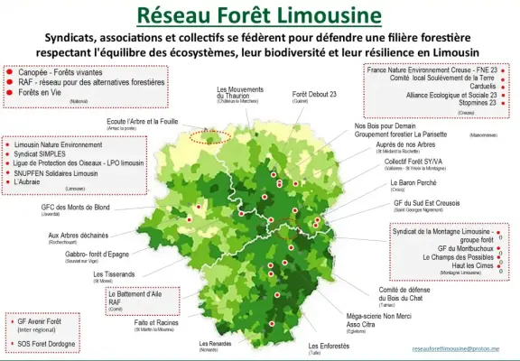 Carte régionale et liste des associations membres du Réseau foret limousine.
