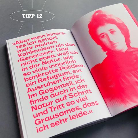 Doppelseite aus dem Buch »Sich nicht regieren lassen. Rosa Luxemburg zu Demokratie und linker Organisierung. Ein Lesebuch«, links ein groß gesetztes Zitat, rechts ein Porträt von Rosa Luxemburg, beides gedruckt in Neonrot. Auf dem Bild steht ein Button mit Text: Tipp 12