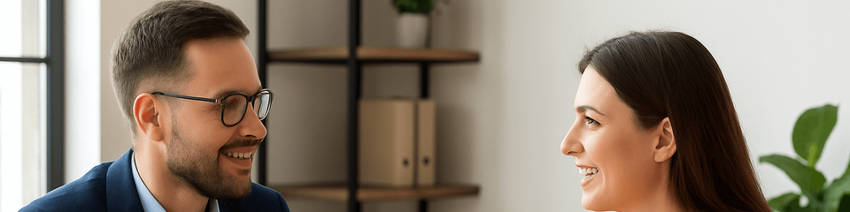 Mann in blauem Sakko und Frau in gelbem Blazer unterhalten sich im modernen Büro, warum niemand mehr Chef sein will