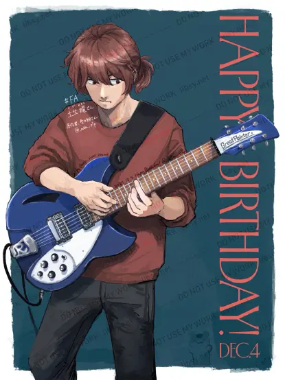 FA：些々細さんのOC・土生(はぶ) 耀(ひかり)さん。青いボディのリッケンバッカー330を弾いている青年の絵。