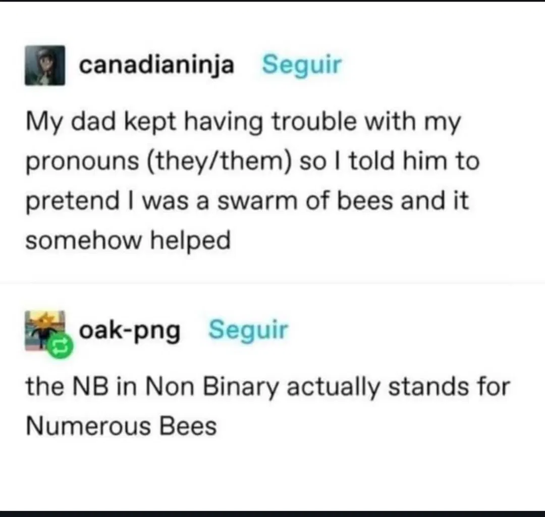 Post by canadianinja My dad kept having trouble with my pronouns (they/them) so I told him to pretend I was a swarm of bees and it somehow helped Reply by oak-png the NB in Non Binary actually stands for Numerous Bees