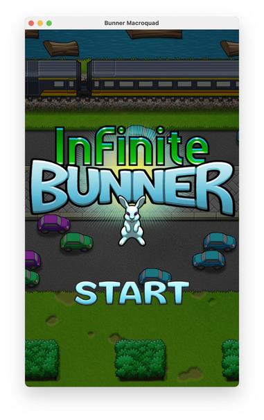 Screenshot of the title screen of the game Infinite Bunner. It has a small rabbit in the middle, and it says βStartβ ar the bottom. Slightly darkened in the background is an image from the game with a street woth cars, a railway with a train, and a river with logs.