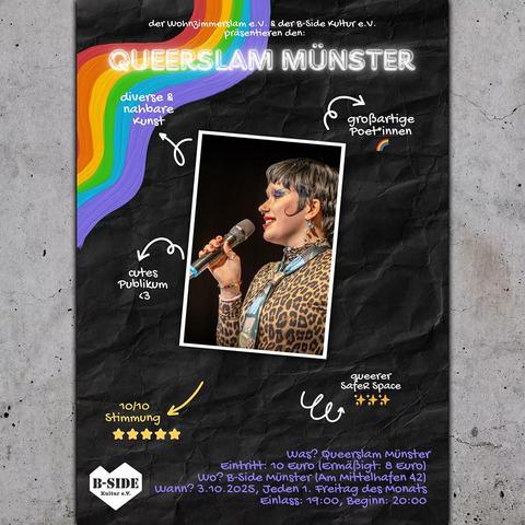 Queerslam Münster

Fr. 05. Dez. 20:00 Uhr 

Flutlicht an!

🌈 Ab Oktober 2025 findet jeden 1. Freitag des Monats im Veranstaltungssaal der Queerslam Münster statt und eröffnet damit einen neuen Safer Space in der Stadt, der vor Kreativität, Queerness und Austausch nur so strotzt!

Alle Informationen auf unserer Webseite:
👉 https://b-side.ms/events/b7b7-queerslam