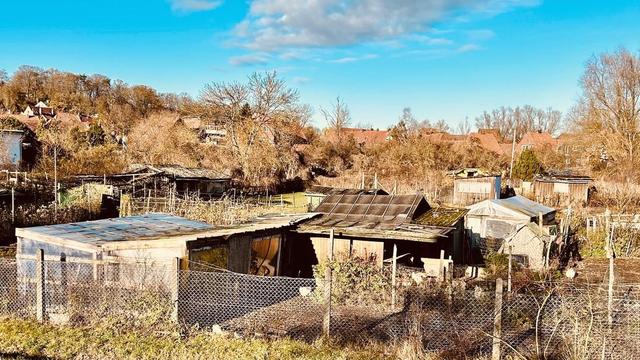 Verfallene Hütten und Gärten mit Zäunen vor trockenem Gestrüpp, unter einem hellblauen Himmel.