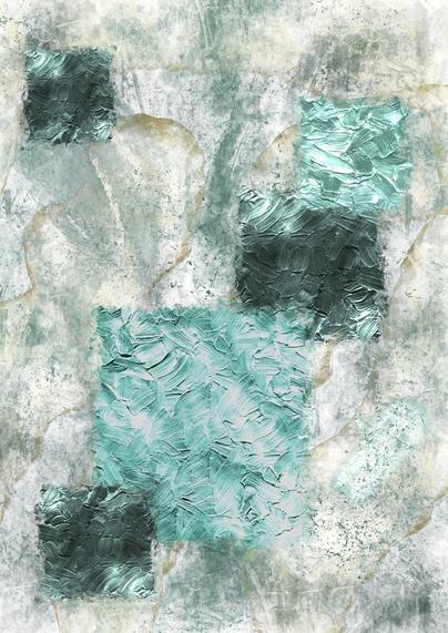 Abstract digital painting done with several layers, featuring a muted base layer of pale greens, greys and browns on top of which there are three dark squares created with a heavy oil brush and metallic paint, and two pale teal coloured squares created in the same style but differing in size. In the main grouping the two lighter-coloured blocks overlay the larger darker one slightly, but a smaller darker block overlays the larger light one, and there is a separate dark block in the top left waiting to join the struggle for dominance.