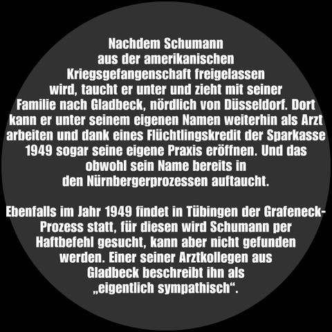 Auf dem Bild steht: 

Nachdem Schumann aus der amerikanischen Kriegsgefangenschaft freigelassen wird, taucht er unter und zieht mit seiner  Familie nach Gladbeck, nördlich von Düsseldorf. Dort kann er unter seinem eigenen Namen weiterhin als Arzt arbeiten und dank eines Flüchtlingskredit der Sparkasse 1949 sogar seine eigene Praxis eröffnen. Und das obwohl sein Name bereits in den Nürnberger Prozessen auftaucht.

Ebenfalls im Jahr 1949 findet in Tübingen der Grafeneck- Prozess statt, für diesen wird Schumann per Haftbefehl gesucht, kann aber nicht gefunden werden. Einer seiner Arztkollegen aus Gladbeck beschreibt ihn als "eigentlich sympathisch"
