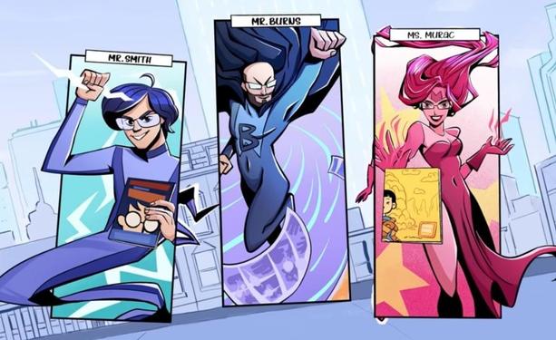 Comic-style illustration showing three diverse educators in superhero poses, demonstrating how teachers can use visual storytelling and comics as powerful educational tools in the classroom.