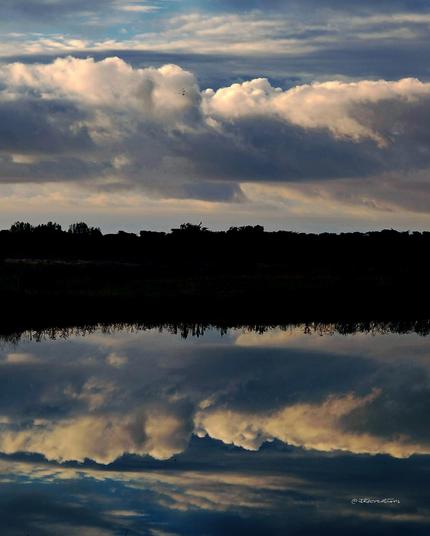 Ile de Ré : un plan d'eau sans la moindre onde. Véritable miroir où se reflète le ciel nuageux.