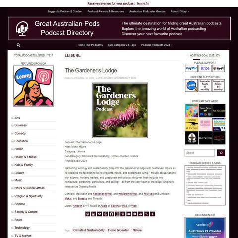 The Gardener's Lodge
Screenshot of the podcast listing on the Great Australian Pods website